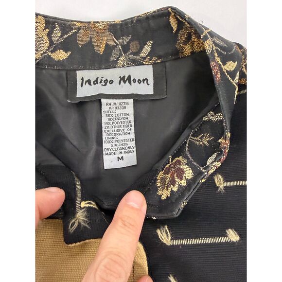 Indigo Moon Art to Wear Patchwork Jacket M Boho Lagenlook Embroidered Gold Black - Picture 2 of 6